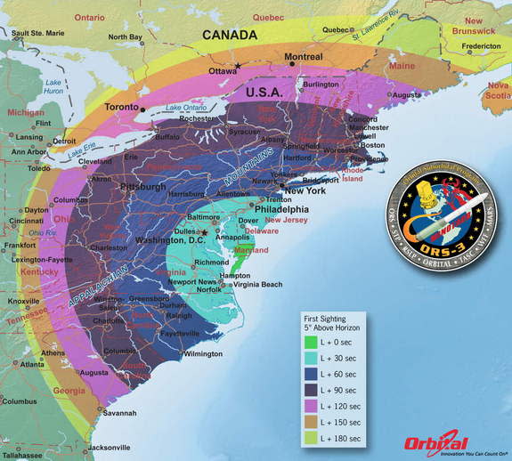 The ORS-3 mission is scheduled to occur on November 19, 2013, with a planned launch window from 7:30 - 9:15 pm EST. This map shows how visible the launch will be on the East Coast.