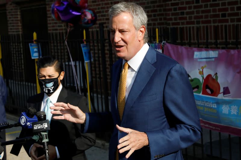 FILE PHOTO: New York City Mayor Bill de Blasio, speaks during a news conference after greeting students for the first day of in-person pre-school following the outbreak of the coronavirus disease (COVID-19) in New York