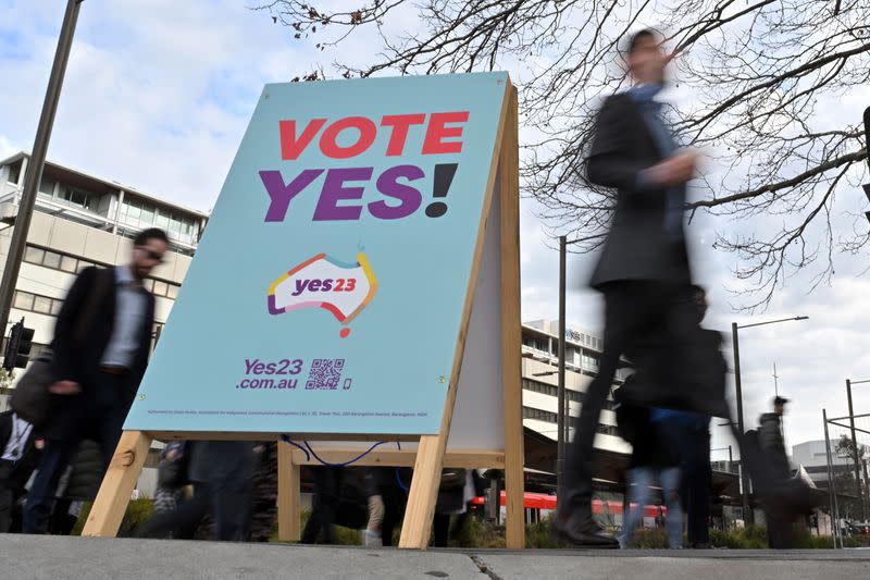 A vote yes stand for the upcoming Voice referendum, is seen at the Civic Bus Interchange in Canberra