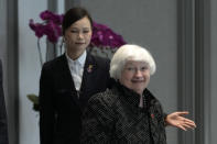 U.S. Treasury Secretary Janet Yellen arrives at the Business Leaders Roundtable meeting at Baiyun International Conference Center (BICC) in southern China's Guangdong province, Friday, April 5, 2024. Yellen has arrived in China for five days of meetings in a country that's determined to avoid open conflict with the United States. (AP Photo/Andy Wong, Pool)