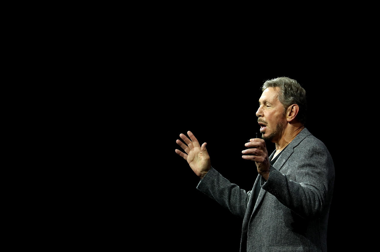 SAN FRANCISCO, CA - OCTOBER 22:  Oracle co-founder and Chairman Larry Ellison delivers a keynote address during the Oracle OpenWorld on October 22, 2018 in San Francisco, California. The Oracle co-founder and Chairman kicked off the annual Oracle OpenWorld conference that runs through October 25th.  (Photo by Justin Sullivan/Getty Images)