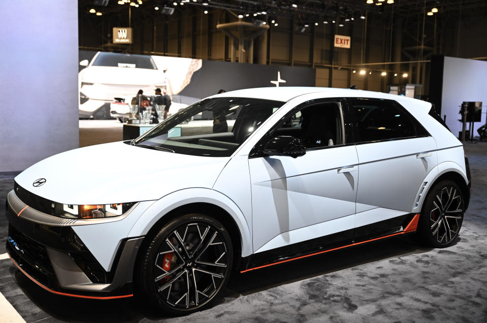 A Hyundai IONIQ 5 N is displayed during the New York International Auto Show in New York, New York, on March 27, 2024. / Credit: Fatih Aktas of Anadolu via Getty Images