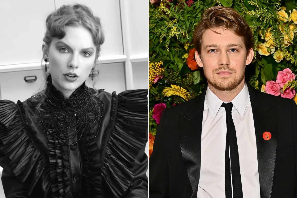 <p>Taylor Swift; Jed Cullen/Dave Benett/Getty </p> Taylor Swift in the "Fortnight" music video, Joe Alwyn photographed in London in 2024