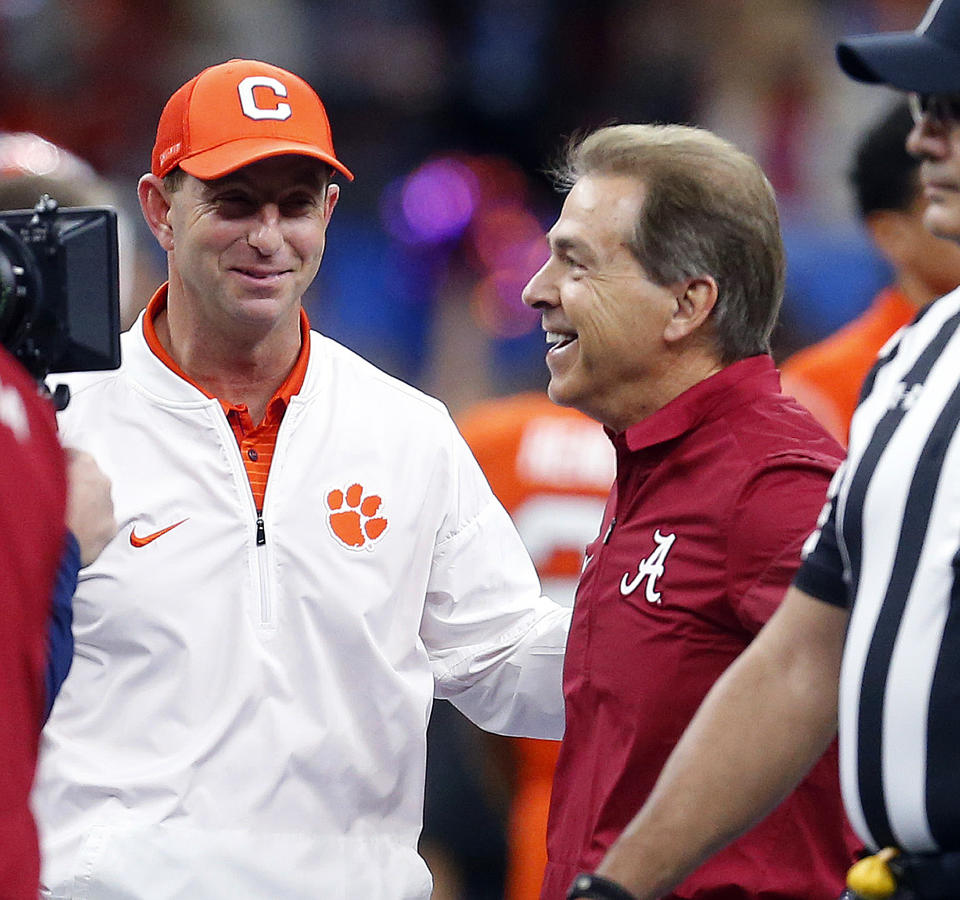 Clemson's Dabo Swinney and Alabama's Nick Saban talk before the Sugar Bowl semifinal playoff game on Jan. 1, 2018. (AP)