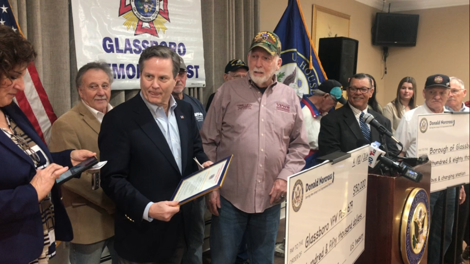 Glassboro officials were at Veterans of Foreign Wars Post 679 on Tuesday to talk about federal grants to the borough and VFW. U.S. Rep. Donald Norcross, D-1, stands next to Post Commander Dennis Cleary (center) and Mayor John Wallace (right). PHOTO: April 2, 2024.