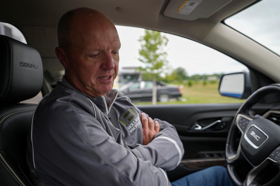 "It’s almost depressing or deflating to drive through,” said Chris Wilkes, who oversees development at NorthPoint business park in Westfield for Holladay Properties. Wilkes says the park, located north of 196th Street, just east of U.S. 31, has not seen the traffic and interest he and others hoped for. Pictured, Wilkes talks with IndyStar after giving a tour of the park Tuesday, August 15, 2023.