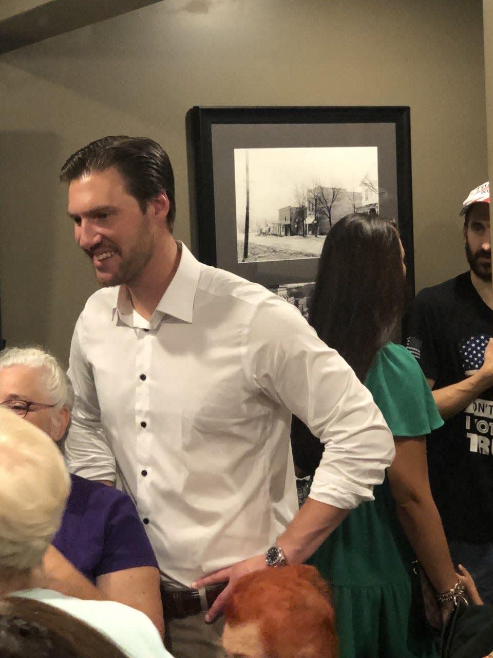 Republican Patrick Harrigan hopes to represent part of Gaston County in the new 14th U.S. House District, which also includes part of Charlotte. Here, Harrigan, meets with supporters on Friday, Aug. 18, 2022, at Sammy's restaurant in Belmont.