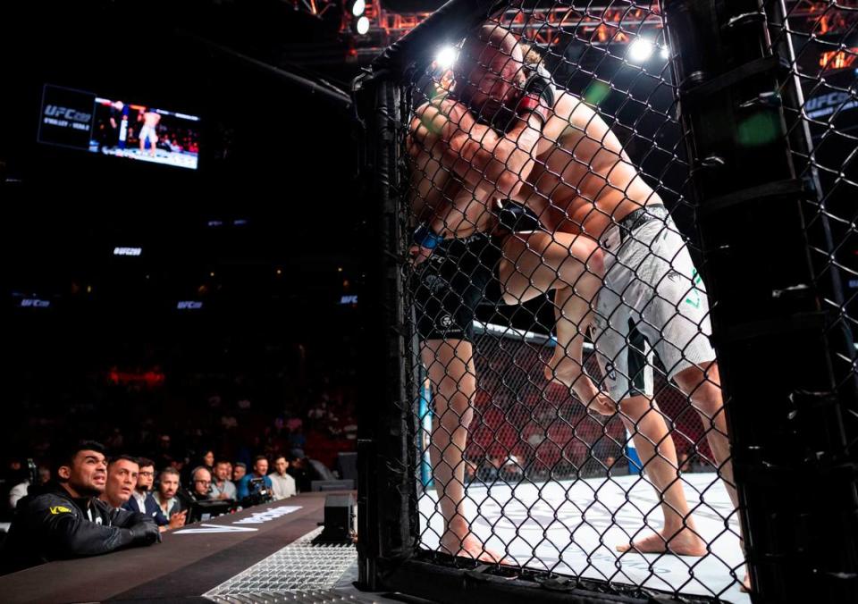 Ion Cutelaba from Moldova fights against Philipe Lins of Brazil during their light heavyweight title match during the UFC 299 event at the Kaseya Center on Saturday, March 9, 2024, in downtown Miami, Fla.