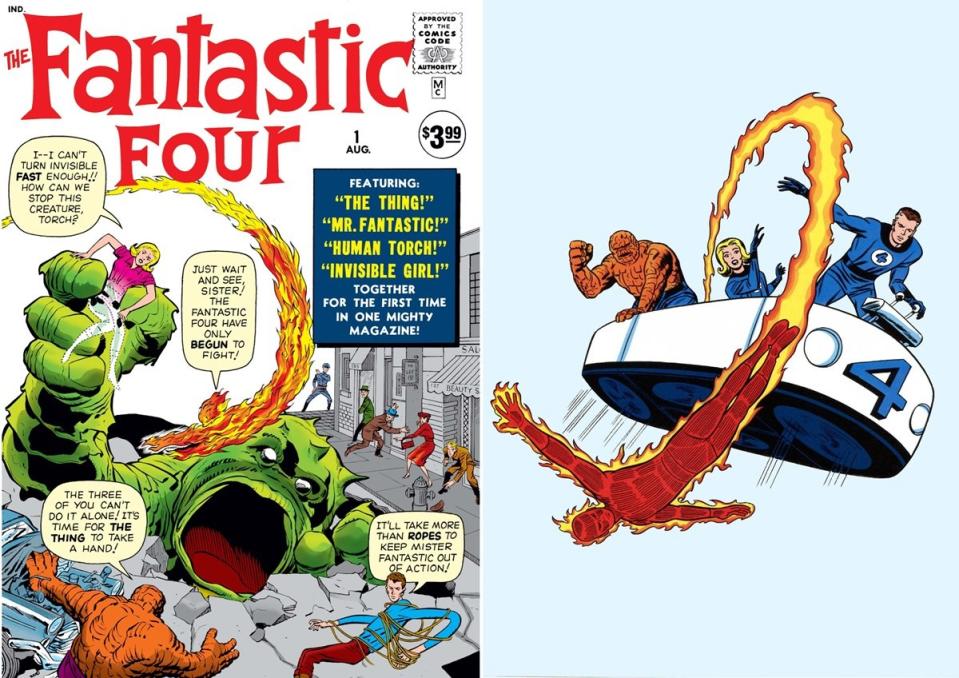 The cover art for Fantastic Four #1 by Jack Kirby, and the team in their early days.