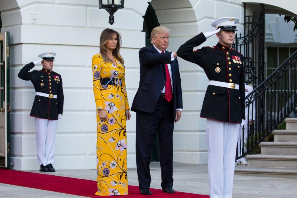 <p>FLOTUS accompanied the president in seeing off the Indian Prime Minister from the White House in a bright yellow Emilio Pucci floral dress.</p>