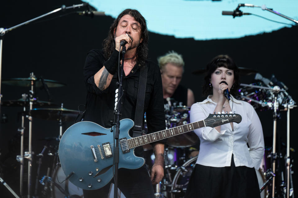 Dave Grohl from the Foo Fighters performs with his daughter Violet Grohl on The Pyramid Stage at Day 3 of Glastonbury Festival 2023 on June 23, 2023 in Glastonbury, England. (Photo by Harry Durrant/Getty Images)