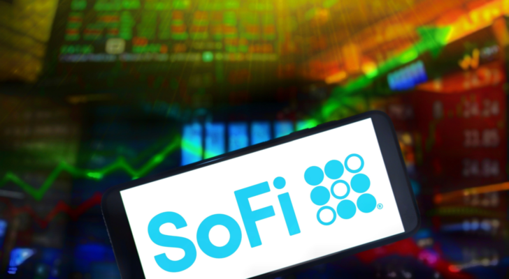 SoFi Technologies, Inc logo with stock market chart background. is an American online personal finance company and online bank.
