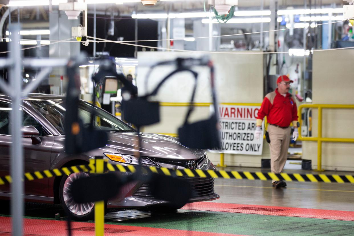 A Toyota car is driven through the Toyota Motor Manufacturing Kentucky, Inc. ahead of a visit by Ivanka Trump, presidential advisor, in Georgetown, Ky. on Thursday, March 28, 2019. 