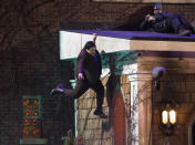 <p>Actor Harvey Guillen does his own stunt work while shooting his series <i>What We Do in the Shadows</i> in Toronto on Nov. 27.</p>