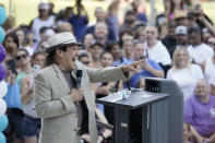 Actor Danny Trejo talks about his life and past problems with drug addiction during a stop of the 2022 Mobile Recovery National Bus tour in Sacramento, Calif. Sept. 7, 2022. Across the country, people in recovery and relatives of those killed by opioid overdoses are pressing for roles in determining how billions in opioid settlement money will be used. That push is one of the missions of the monthlong nationwide bus tour. (AP Photo/Rich Pedroncelli)