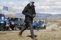 In this handout photo provided by the European Union Press Office, European Council President Charles Michel inspects Administrative Boundary Line with South Ossetia 50 km outside Tbilisi, Georgia, Monday, March 1, 2021 (Dario Pignatelli/European Union Press Office via AP)