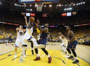 Jun 1, 2017; Oakland, CA, USA; Golden State Warriors forward Kevin Durant (35) battles for the ball with Cleveland Cavaliers forward LeBron James (23) in the second half of the 2017 NBA Finals at Oracle Arena. Mandatory Credit: Kyle Terada-USA TODAY Sports