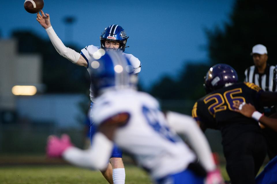 Scotland's Carter Revelle passes the ball during the first quarter against Jack Britt on Friday, Sept. 9, 2022, at Jack Britt High School.