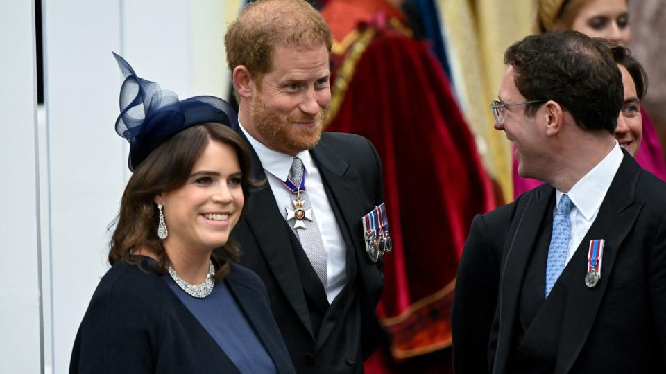 Prince Harry, Duke of Sussex, Princess Eugenie and her husband Jack Brooksbank leave Westminster Abbey following the Coronation of King Charles III and Queen Camilla on May 6, 2023 in London, England. The Coronation of Charles III and his wife, Camilla, as King and Queen of the United Kingdom of Great Britain and Northern Ireland, and the other Commonwealth realms takes place at Westminster Abbey today. Charles acceded to the throne on 8 September 2022, upon the death of his mother, Elizabeth II.