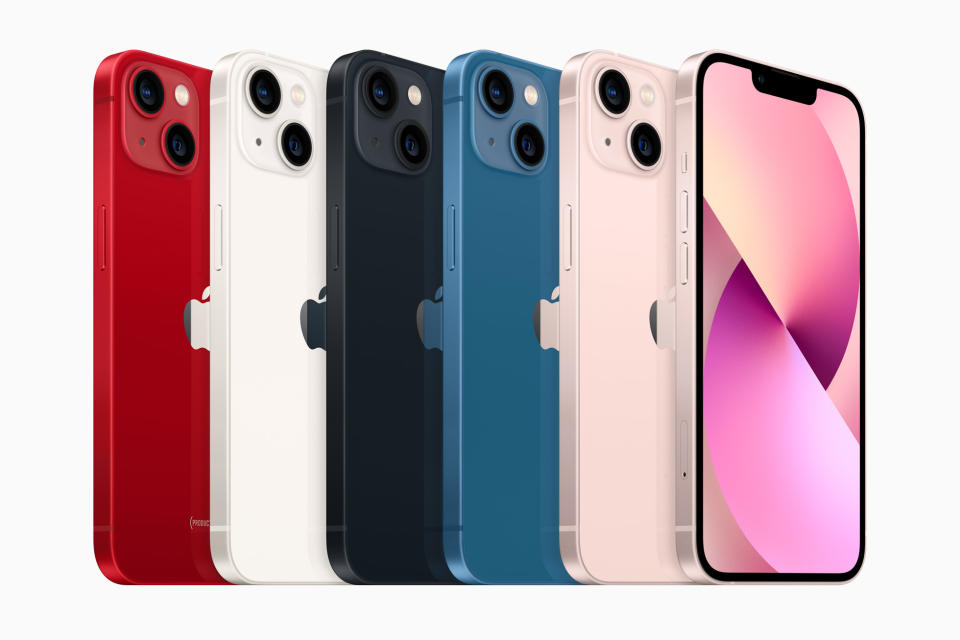 iPhone 13 and iPhone 13 mini come in five beautiful aluminium finishes, including (PRODUCT) RED, starlight, midnight, blue, and pink. (PHOTO: Apple)