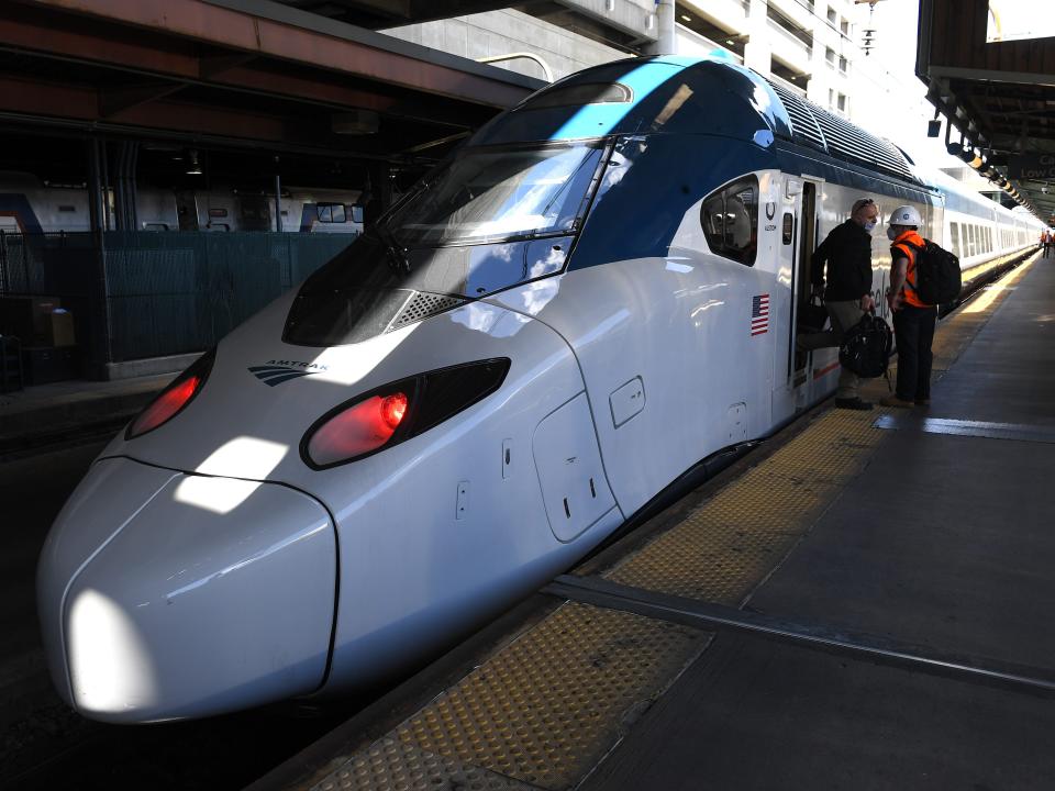 WASHINGTON, DC - JUNE 1 The new, next generation Acela train arrives June 01, 2020 in Washington, DC. The train is one of 28 new trainsets Amtrak has purchased, and are being manufactured in NY. Two prototypes are now being tested, including the one that will arrive in Washington on Monday around noon. The new trains, built by French company Alstom at a facility in Hornell, N.Y., cost about $1.5 billion, paid for with a Railroad Improvement and Financing federal loan. The plan is to roll them out next year. (Photo by