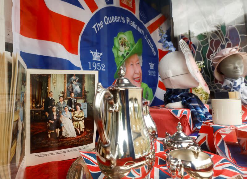 FILE PHOTO: A view of the Platinum Jubilee themed shop window of "Banbury Parkinsons Fellowship", ahead of Jubilee celebrations for Britain's Queen Elizabeth, in Middleton Cheney