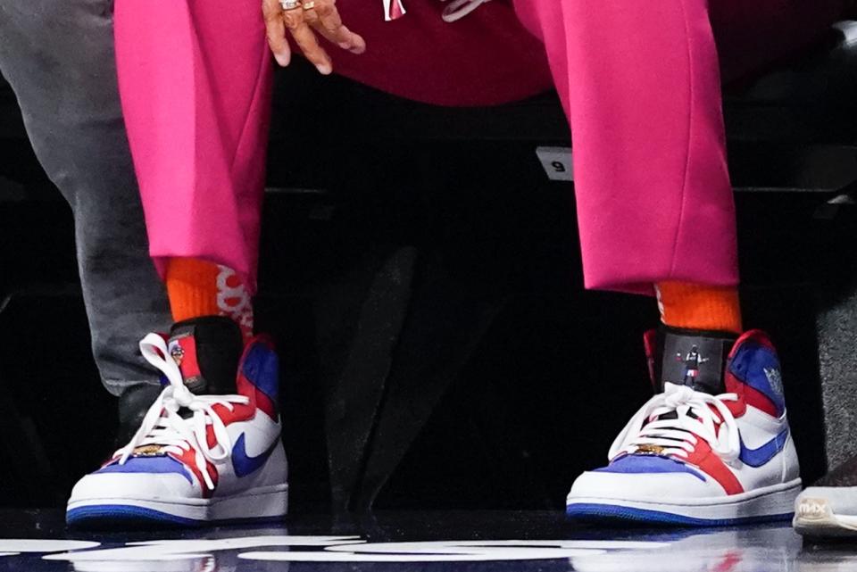 A closer look at Lee’s Air Jordan sneakers. - Credit: AP Photo/Mary Altaffer