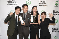 Kwang Dong-hyuk, left, Lee Jung-jae, Jung Ho-yeon and Kim Ji-yeon pose with the breakthrough series - long format award at the Gotham Awards at Cipriani Wall Street on Monday, Nov. 29, 2021, in New York. (Photo by Evan Agostini/Invision/AP)