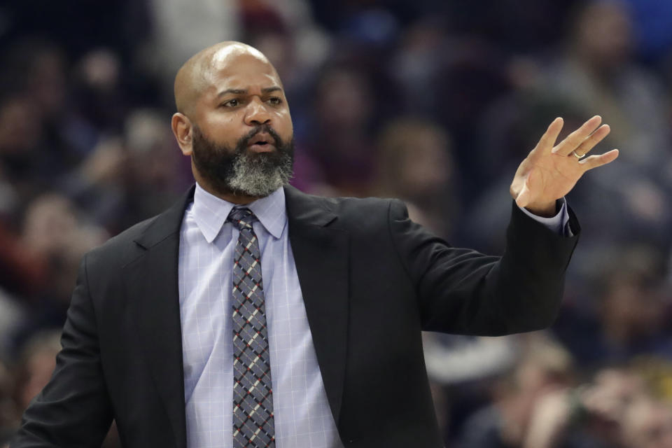 FILE - In this March 2, 2020, file photo, Cleveland Cavaliers head coach J.B. Bickerstaff gives instructions to players in the first half of an NBA basketball game against the Utah Jazz in Cleveland. The Cavs, who had their season hijacked by COVID-19, were back on the floor for individual workouts as they began cramming for an upcoming season that's only weeks away. For now, players can only work out individually before the team is permitted to practice as a group on Friday, Dec. 4. (AP Photo/Tony Dejak, File)