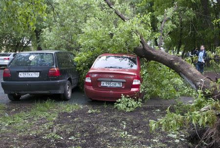 A view shows a tree, which was uprooted by a heavy storm and fell down on cars, in Moscow, Russia, May 29, 2017. REUTERS/Andrey Kuzmin