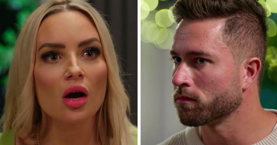 L: MAFS star Melinda Willis looking shocked. R: MAFS star Harrison Boon looking angry