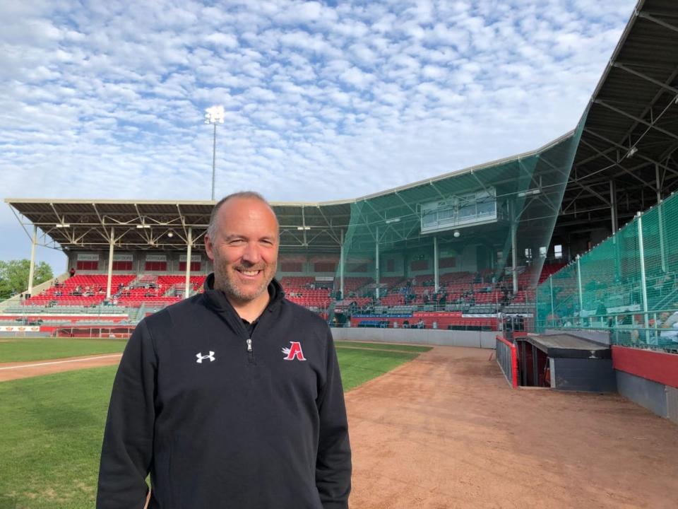 René Martin is president of the Aigles baseball franchise which has been around since 2013. This year they're playing their first full season in the Frontier League. (Douglas Gelevan/CBC - image credit)