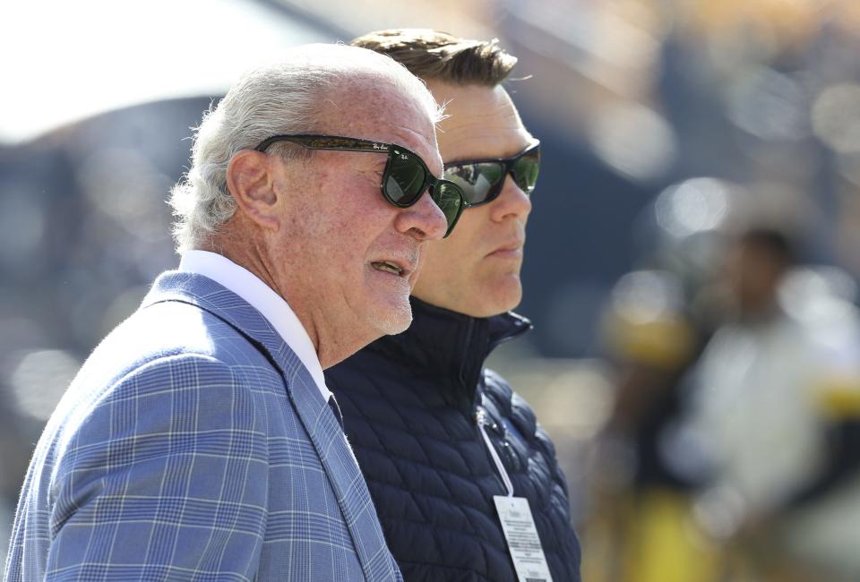 Nov 3, 2019; Pittsburgh, PA, USA;  Indianapolis Colts owner James Irsay (left) and general manager Chris Ballard (right) look on before the Pittsburgh Steelers host the Colts  at Heinz Field. The Steelers won 26-24. Mandatory Credit: Charles LeClaire-USA TODAY Sports