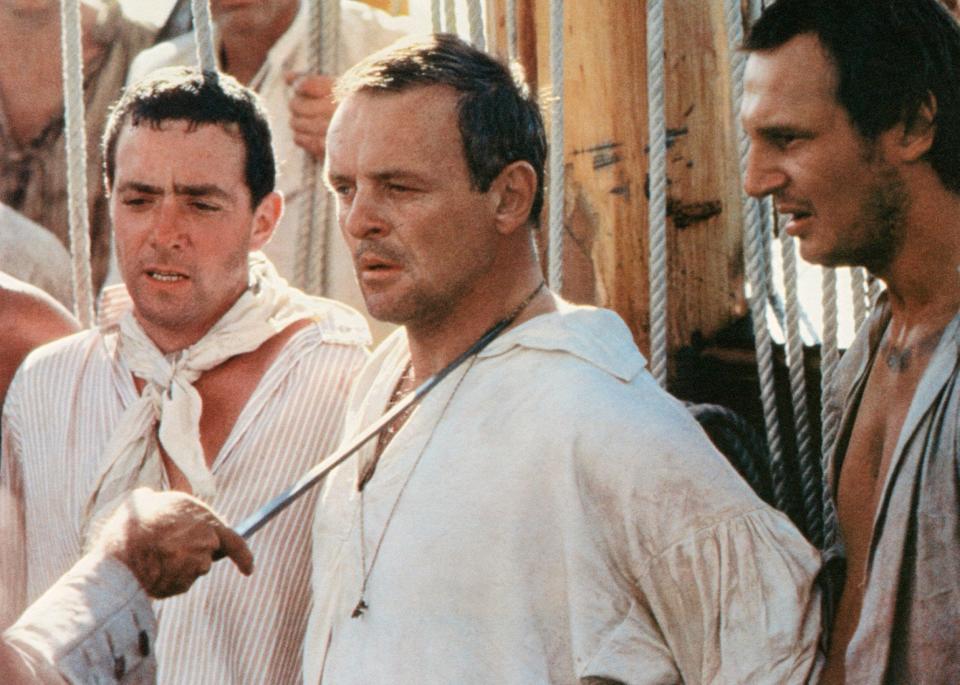 Sessions, left, with Anthony Hopkins and Liam Neeson in The Bounty, 1984 - Alamy