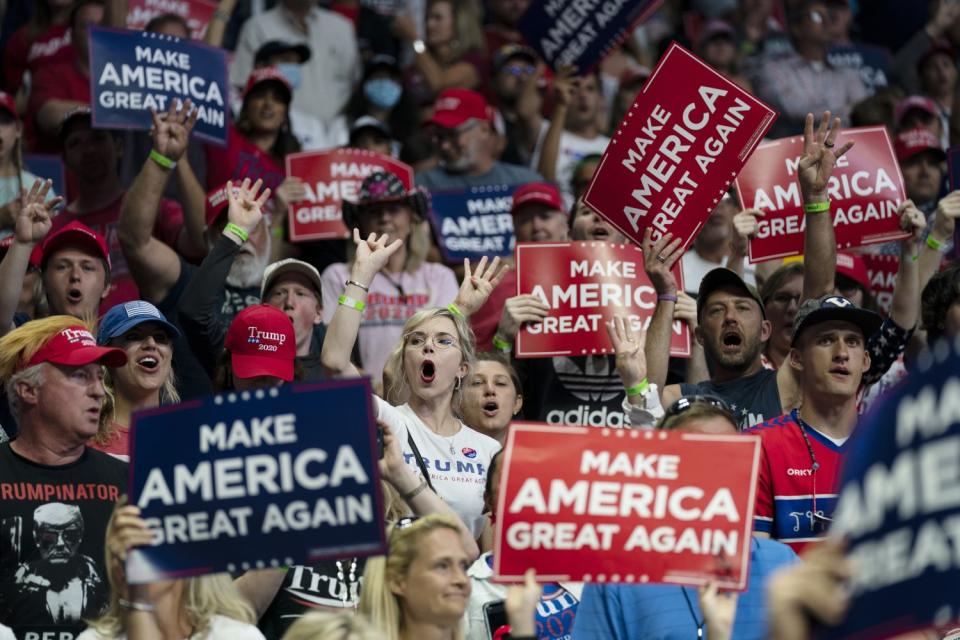 Supporters of President Trump cheer at a campaign rally June 20 in Tulsa, Okla.