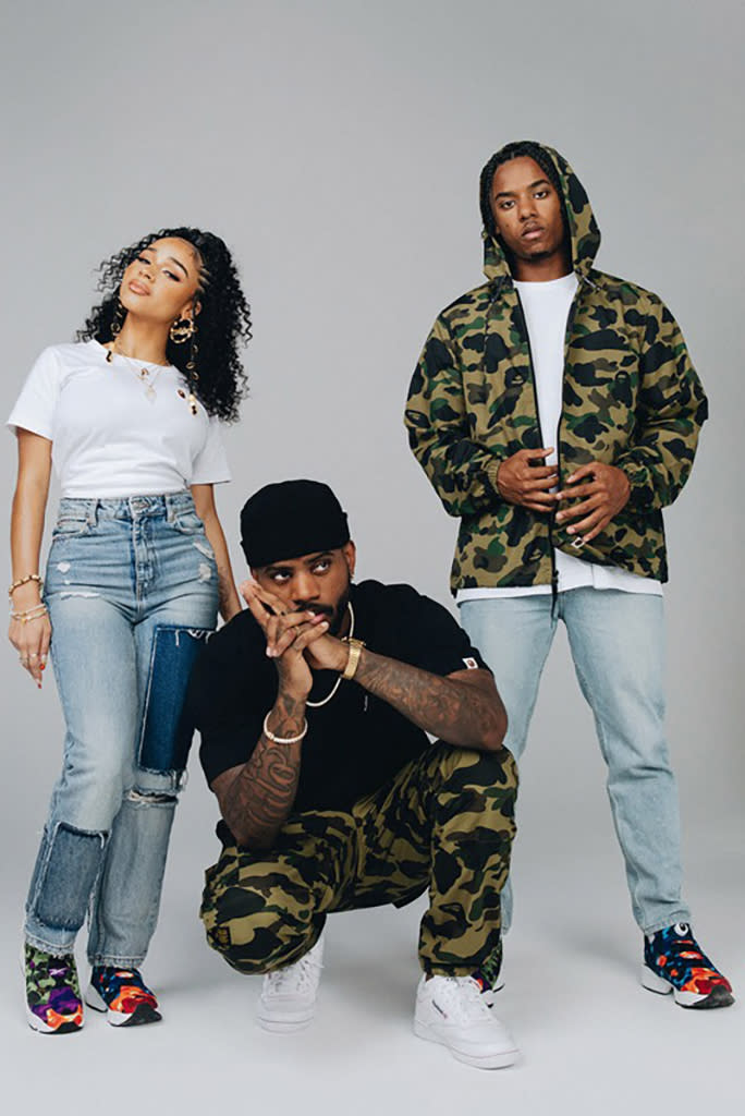 (L to R): Nia Sultana, Bryson Tiller and Ryan Trey for Bape x Reebok. - Credit: Courtesy of Reebok