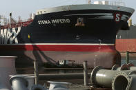 The British-flagged oil tanker Stena Impero docks at Port Rashid Port Rashid in Dubai, United Arab Emirates, Saturday, Sept. 28, 2019. On Friday, Iran released the Stena Impero which it had seized in July as it passed through the Strait of Hormuz, the narrow mouth of the Persian Gulf through which 20% of all oil passes. (Christopher Pike, Pool Photo via AP)