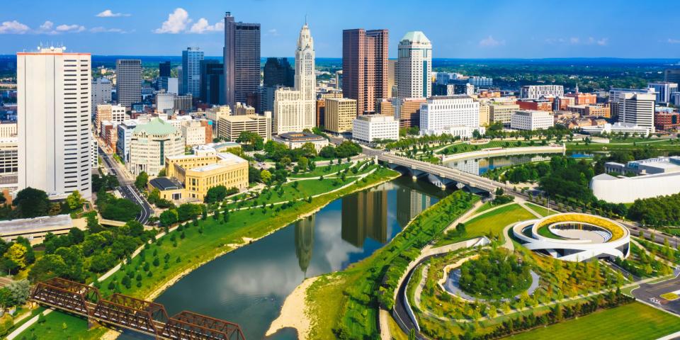 Aerial view of Downtown Columbus, Ohio, with Scioto River.