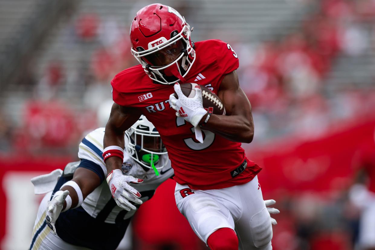 Rutgers football wide receiver Chris Long caught four passes for 87 yards in the Scarlet Knights' 49-17 win over Akron at SHI Stadium on Saturday, Sept. 7, 2024.