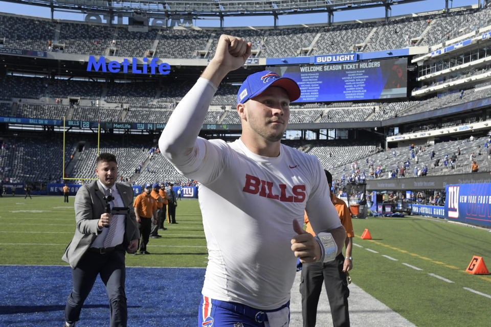 Buffalo Bills quarterback Josh Allen reacts as he leaves the field after an NFL football game against the New York Giants, Sunday, Sept. 15, 2019, in East Rutherford, N.J. The Bills defeated the Giants 28-14. (AP Photo/Bill Kostroun)