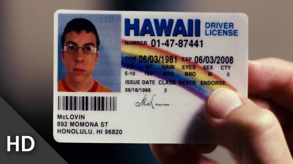 Hawaii driver's license held up with photo and details of character McLovin from a film