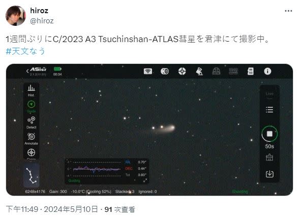 熱愛天文的網友拍下「C/2023 A3」彗星。（圖／翻攝Ｘ）