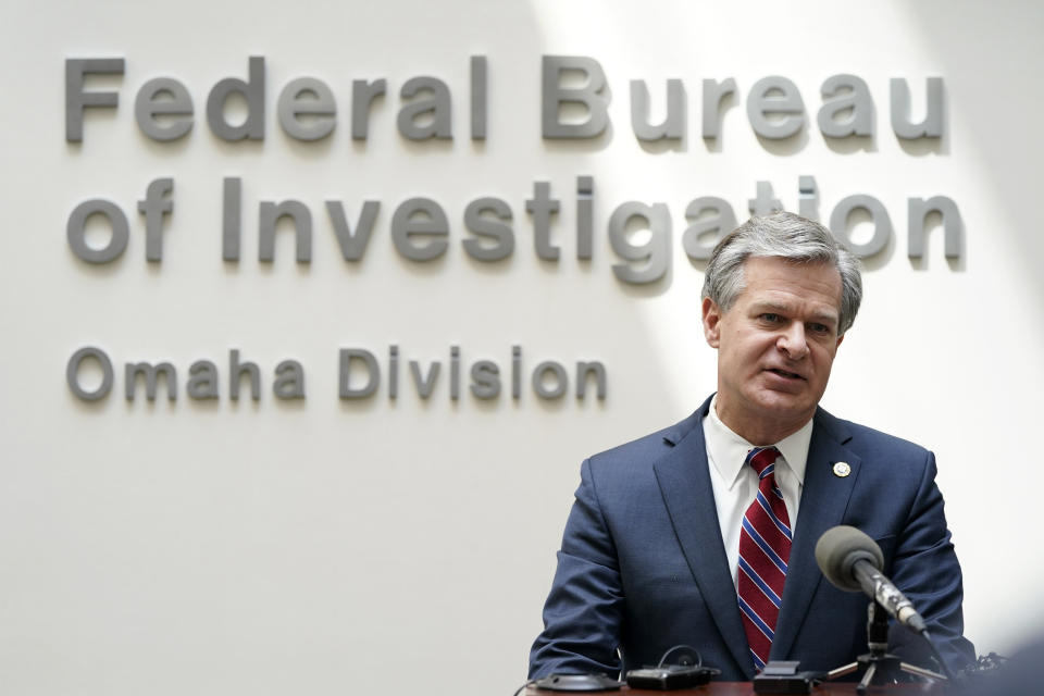 FILE - FBI Director Christopher Wray speaks during a news conference on Aug. 10, 2022, in Omaha, Neb. A U.S. senator is pressing the FBI for more information after a whistleblower alleged that an internal review found 665 FBI personnel have resigned or retired to avoid accountability in misconduct probes over the past two decades, according to a letter early from the senator early Oct. 2022. (AP Photo/Charlie Neibergall, File)