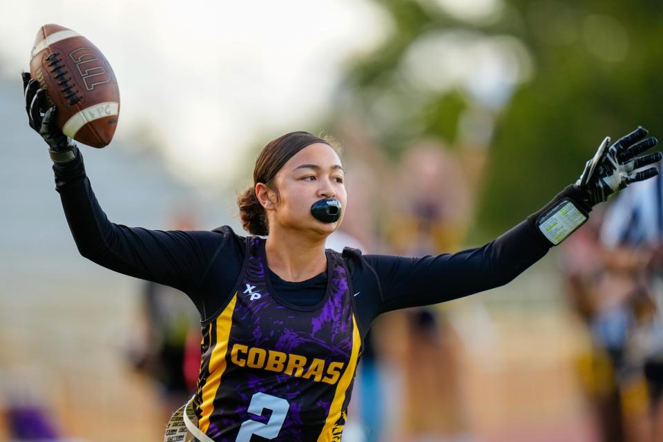 Fort Pierce Central’s Alexandra Goncalves (2) celebrates scoring a touchdown against Vero Beach in the District 10-2A girls high school flag football championship game on Thursday, April. 20, 2023, at Lawnwood Stadium in Fort Pierce. Fort Pierce Central won 18-0.