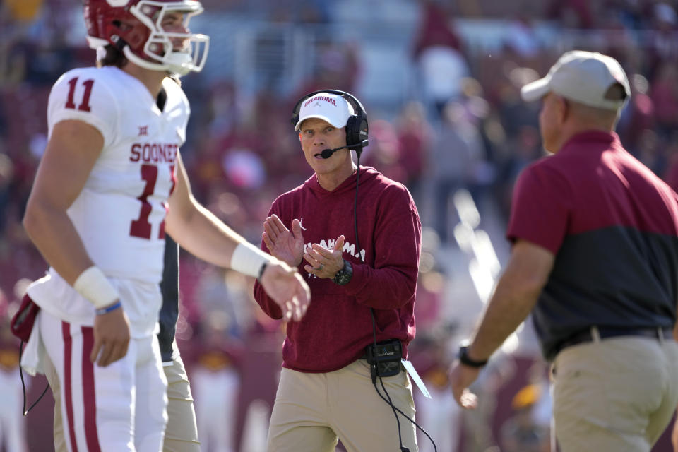 FILE - Oklahoma head coach Brent Venables, center, reacts during the second half of an NCAA college football game against Iowa State on Oct. 29, 2022, in Ames, Iowa. After their worst regular season finish in over two decades, the Sooners look to win their third straight bowl and first with Venables as coach, with a winning record at stake on Dec. 29, 2022. The Seminoles had their first winning season since coach Jimbo Fisher left the program in 2017 and look for their first bowl win since the 2017 season. (AP Photo/Charlie Neibergall, File)