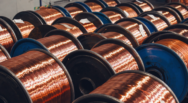 Production of copper wire, bronze cable in reels at factory.