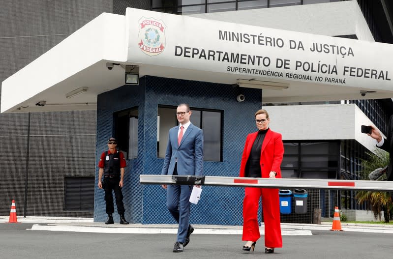 Zanin and Valeska T. Martins, lawyers representing former Brazilian president Luiz Inacio Lula da Silva are seen in front of the Federal Police headquarters, where Lula da Silva is imprisoned, in Curitiba