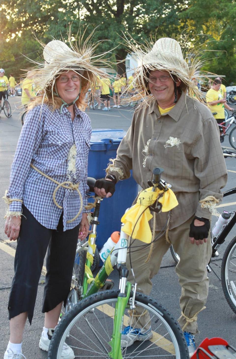 Scarecrows Deon Schneider and Nick Schneider, of O’Fallon, Missouri, get ready to ride.