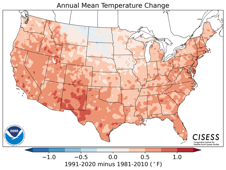 This map produced by the federal government shows changes in average annual temperatures during the period 1991-2020 as compared to 1981-2010.