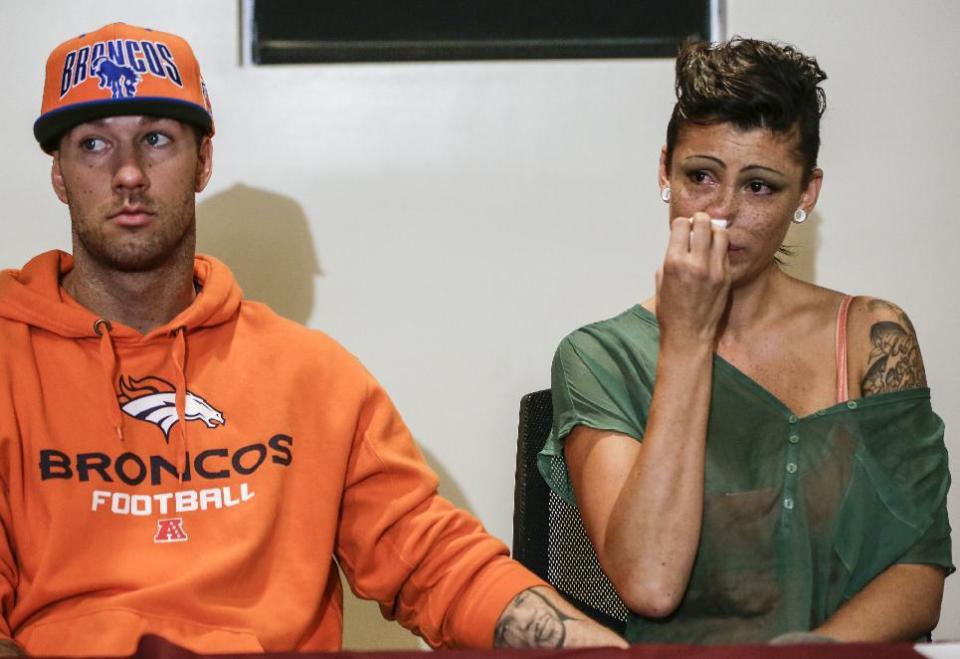 Rod Daily, left, and Cameron Bay, both adult film performers who became infected with HIV while working in the adult industry take question from the media during a news conference on Wednesday, Sept. 18, 2013 in Los Angeles. The actors told reporters that a recent outbreak of HIV infections proves that industry officials are wrong when they say testing performers for HIV and other diseases every 14 days is sufficient. Bay and Daily say they learned days apart last month that they were infected. (AP Photo/Damian Dovarganes)